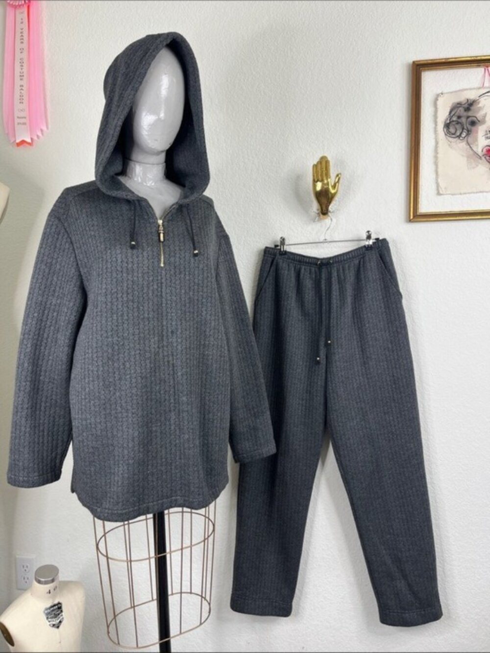 St John Sport Quilted 2 Pc Hooded Jumpsuit Track Suit Logo Gold Hardware VTG